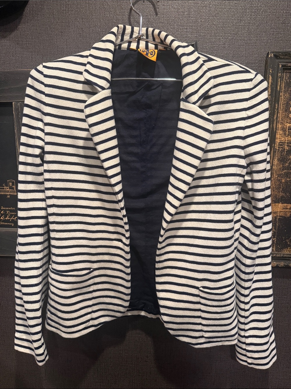 Tory Burch Striped Navy and White Knit Blazer
